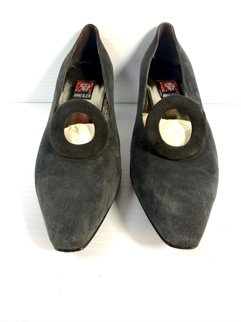 Anne Klein Black Suede Heels  with Circular Accent